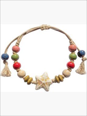 Adjustable Ceramic Beads Bracelet with Leaf Charm, Handmade Bohemian Jewelry